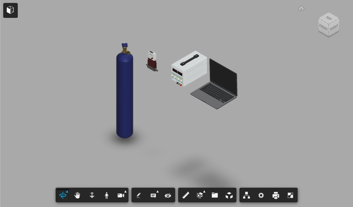 Autodesk Fusion assembly view of a thesis mass-flow experiment with a gas cylinder, flow-control component, laboratory power supply, and laptop