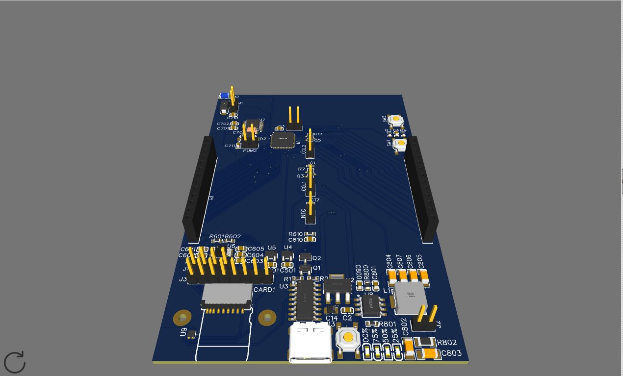 Three-dimensional PCB preview of the blue Beagle embedded acquisition controller with headers, USB, storage, controls, and surface-mounted components