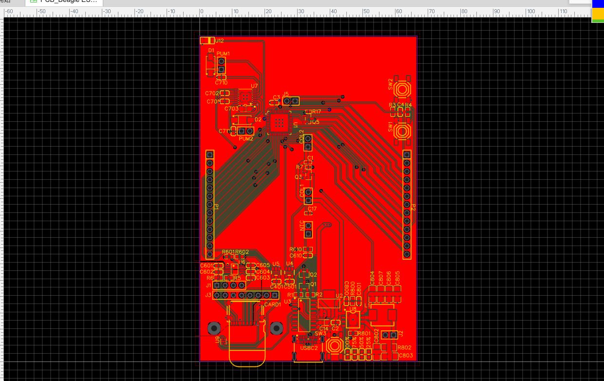 EasyEDA PCB layout view of the Beagle controller showing routed traces, copper regions, component placement, connectors, and mounting holes